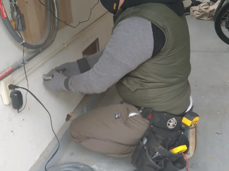 Electrician performing outlet wiring in a Memphis garage